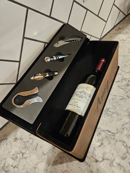 Leatherette Wine Bottle Box and Tools, Personalized wine box