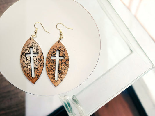 Floral Cross Wooden Earrings